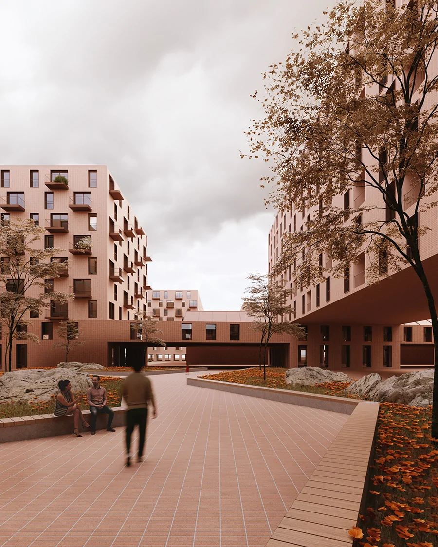 Vizualizacija novog urbanog projekta Ciglane na Črnomercu, s javnim trgom i očuvanom zgradom tvornice