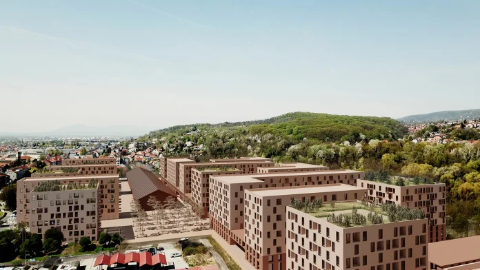 Vizualizacija novog urbanog projekta Ciglane na Črnomercu, s javnim trgom i očuvanom zgradom tvornice.