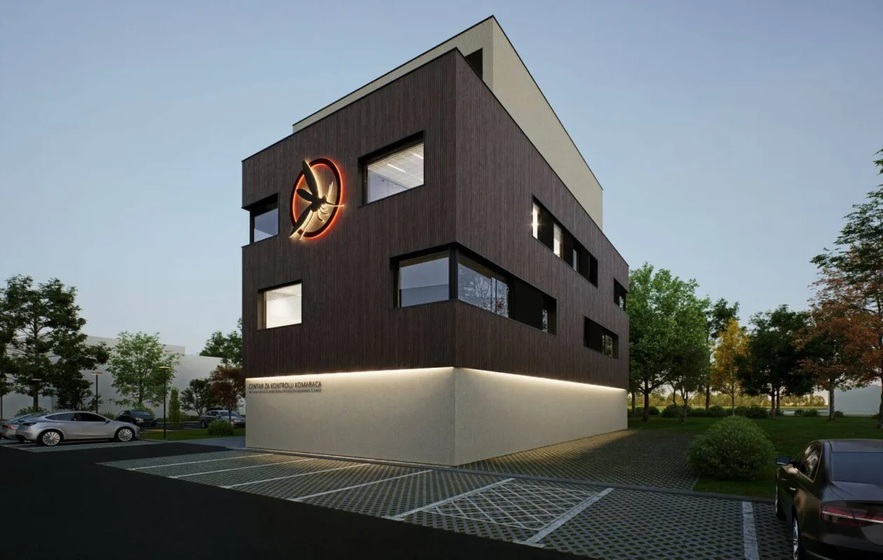 Moderni render novog Centra za kontrolu komaraca MosquitoLab Osijek – Zgrada s 4 nadzemne etaže