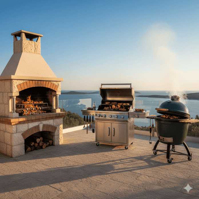 Tri vrste roštilja na terasi s pogledom na more: zidana pečenjara s vatrom, moderni plinski roštilj od inoxa i zeleni keramički Kamado roštilj