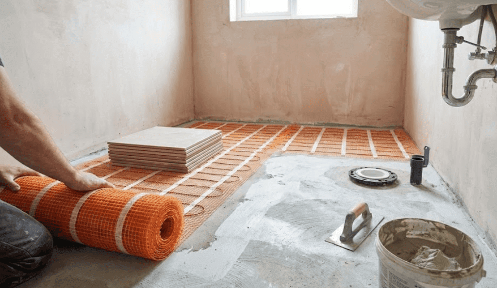 Postavljanje električne grijaće mrežice za podno grijanje na betonsku glazuru prije lijepljenja keramičkih pločica