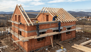 Prikaz gradilišta obiteljske kuće u roh-bau fazi izgradnje, vidljivi zidovi od opeke i drvena konstrukcija krovišta