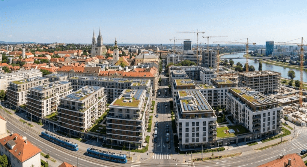 Panoramski pogled na Zagreb 2026.: moderne novogradnje i građevinski kranovi na horizontu iznad rijeke Save.