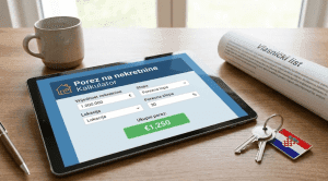 Tablet uređaj na drvenom stolu prikazuje aplikaciju kalkulatora poreza na nekretnine s izračunom, pored svežnja ključeva s hrvatskim grbom i smotanog vlasničkog lista.