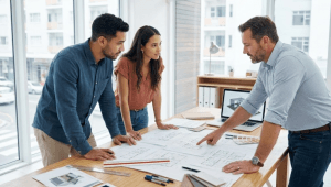 Mladi par u modernom uredu konzultira se s arhitektom nad nacrtima stana, na stolu nema brošura državnih subvencija ili APN-a.