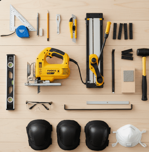 Koji su vam sve alati potrebni za postavljanje podova? Prikaz svih esencijalnih alata potrebnih za samostalno postavljanje laminata, uključujući ubodnu pilu, giljotinu, gumeni čekić, distančnike i zaštitnu opremu.